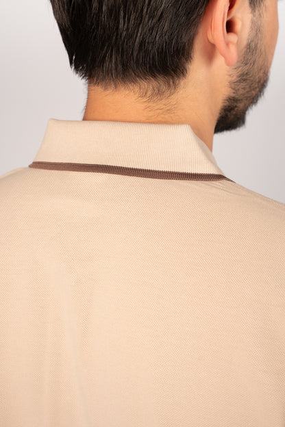 BEIGE BROWN LINE ZIPPER POLO