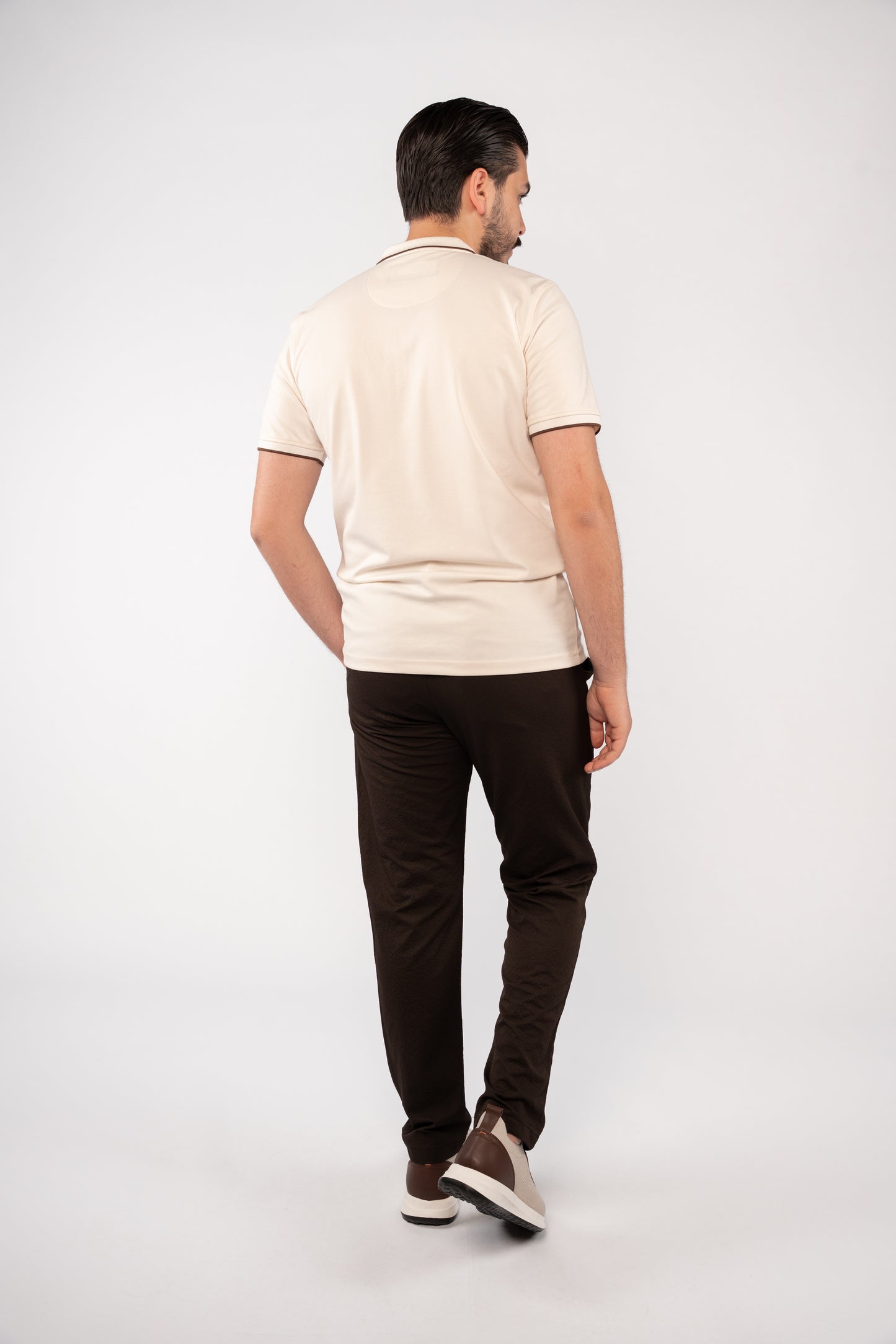 BEIGE BROWN LINE ZIPPER MERCERIZED POLO