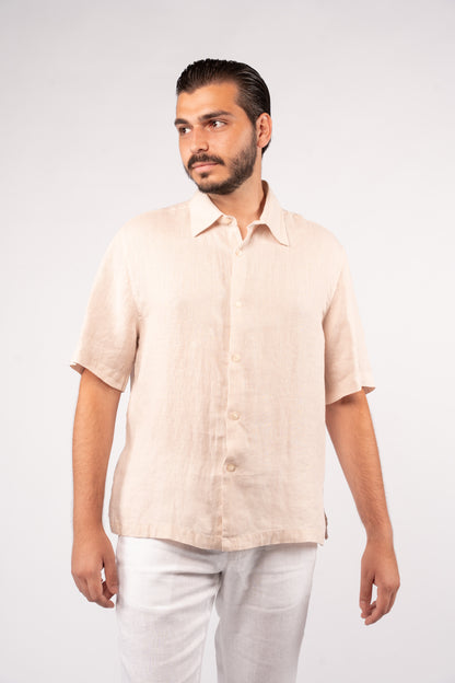 BEIGE HALF SLEEVE 100% LINEN SHIRT