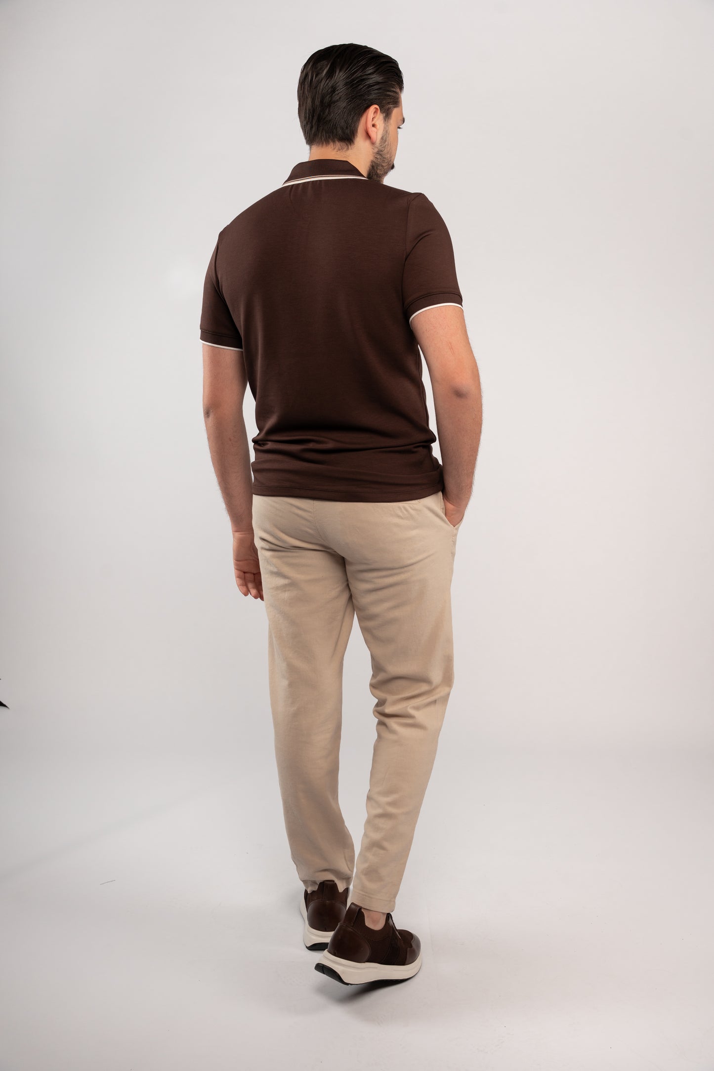 BROWN MIXED COLLAR ZIPPER POLO