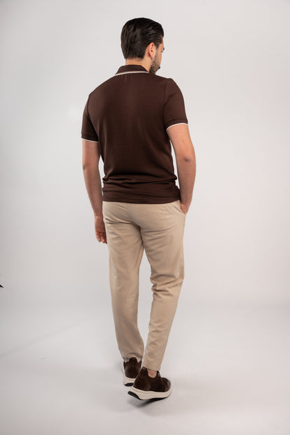 BROWN MIXED COLLAR ZIPPER POLO