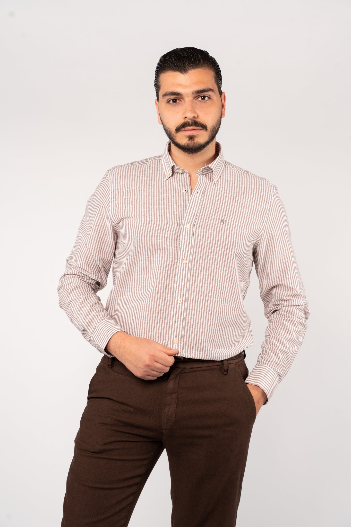 BROWN LINED OXFORD SHIRT