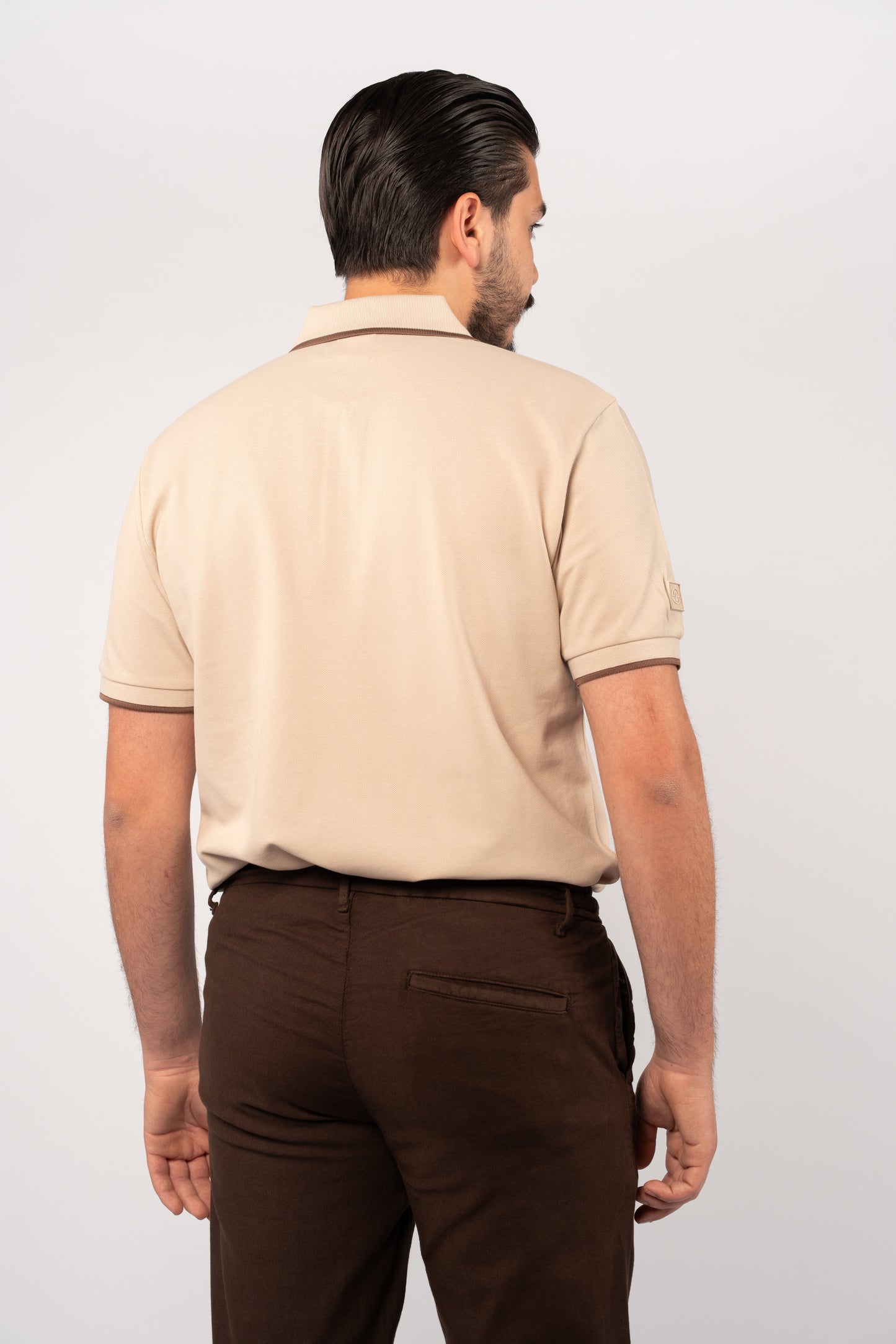 BEIGE BROWN LINE ZIPPER POLO