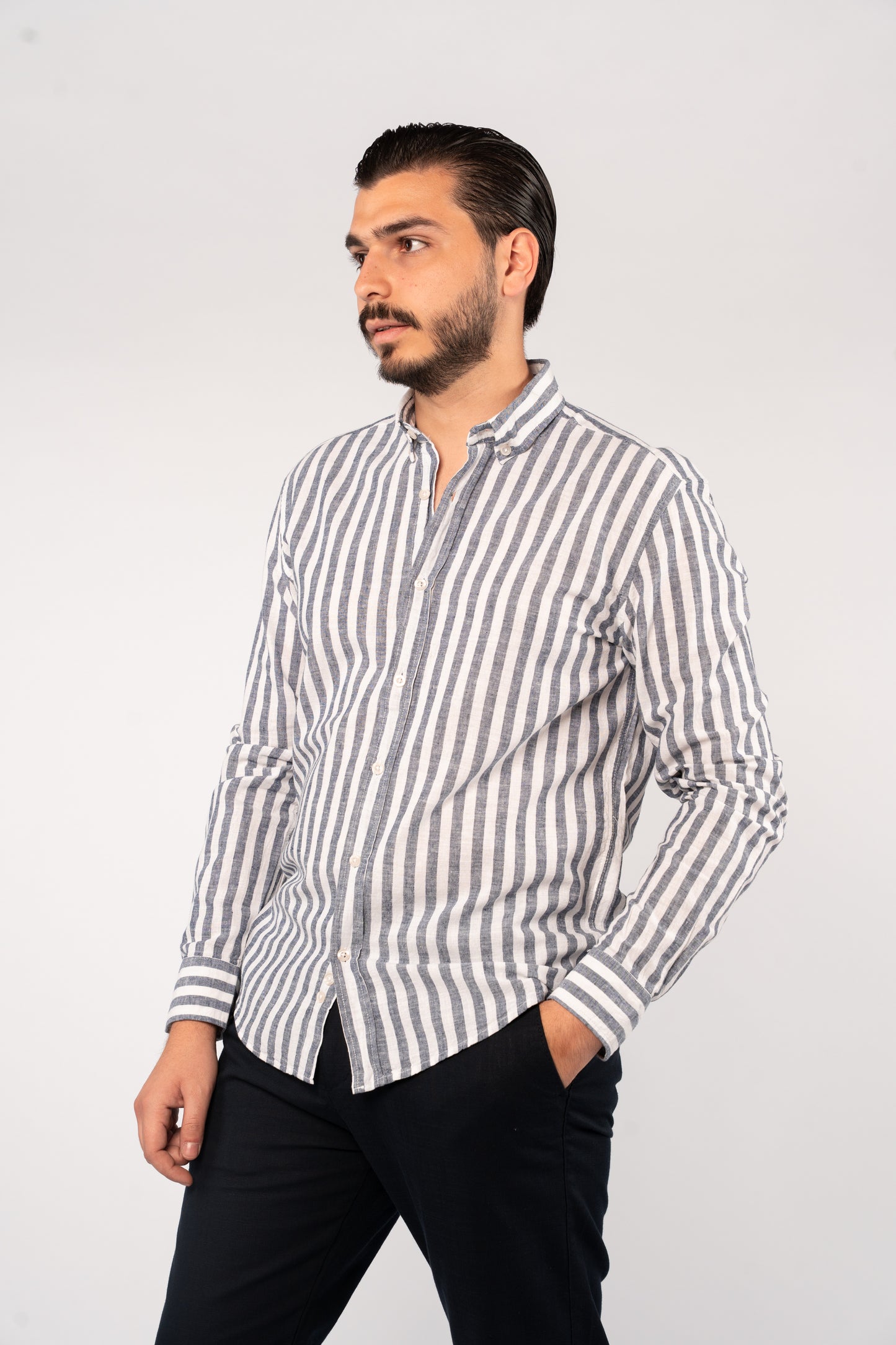 WHITE NAVY LINE LINEN SHIRT
