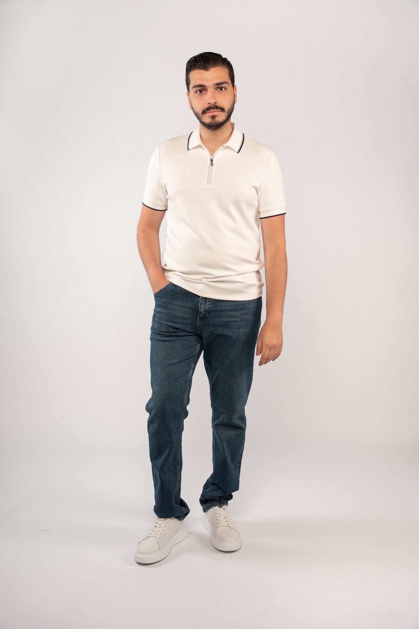 WHITE MIXED COLLAR ZIPPER POLO