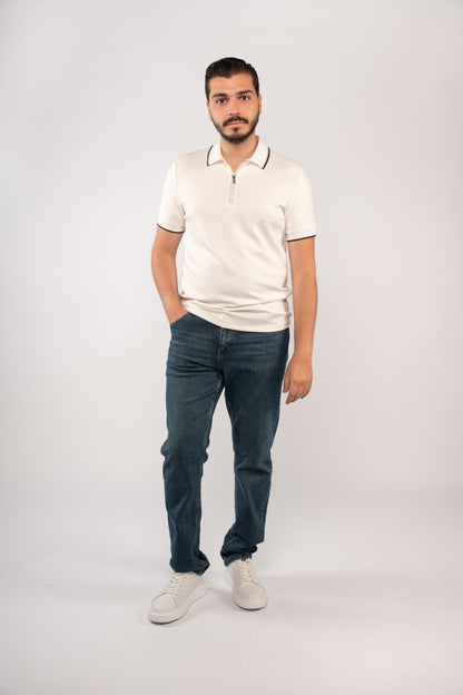WHITE MIXED COLLAR ZIPPER POLO
