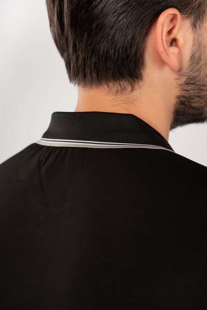 BLACK MIXED COLLAR ZIPPER POLO